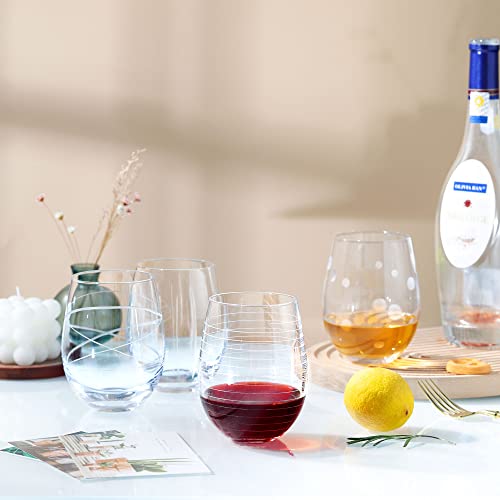 Handmade Etched Stemless Wine Glasses - Set of 4