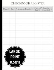 Large Print Checkbook Register for Seniors
