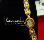 Gold Vintage-Inspired Quartz Watch with Pearl Accents