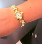Gold Vintage-Inspired Quartz Watch with Pearl Accents