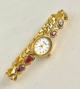 Gold Plated Vintage Watch with Colorful Stones