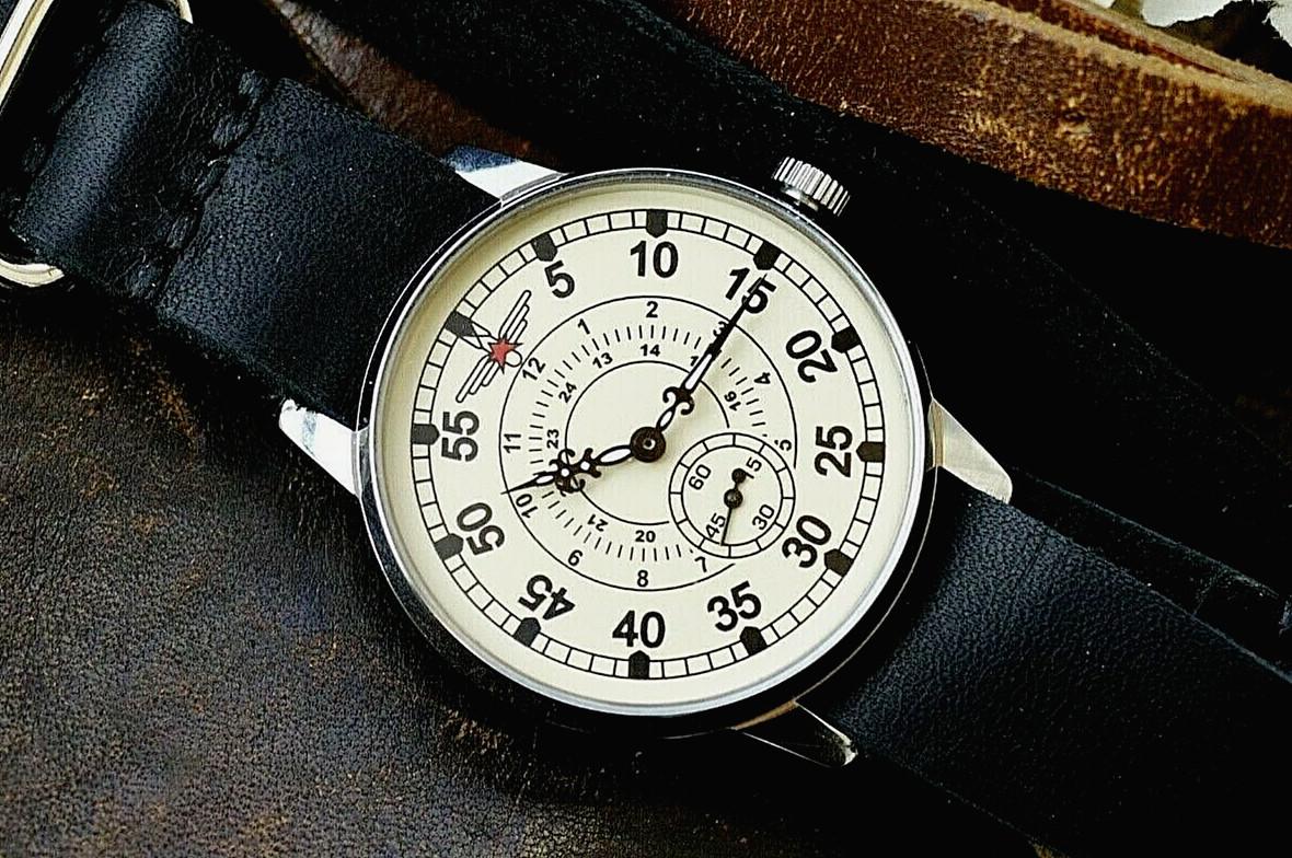 Pobeda Pilot Mechanical Watch with Black Leather Strap