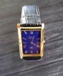 Vintage Men's Tank Watch: Blue Dial, Black Leather