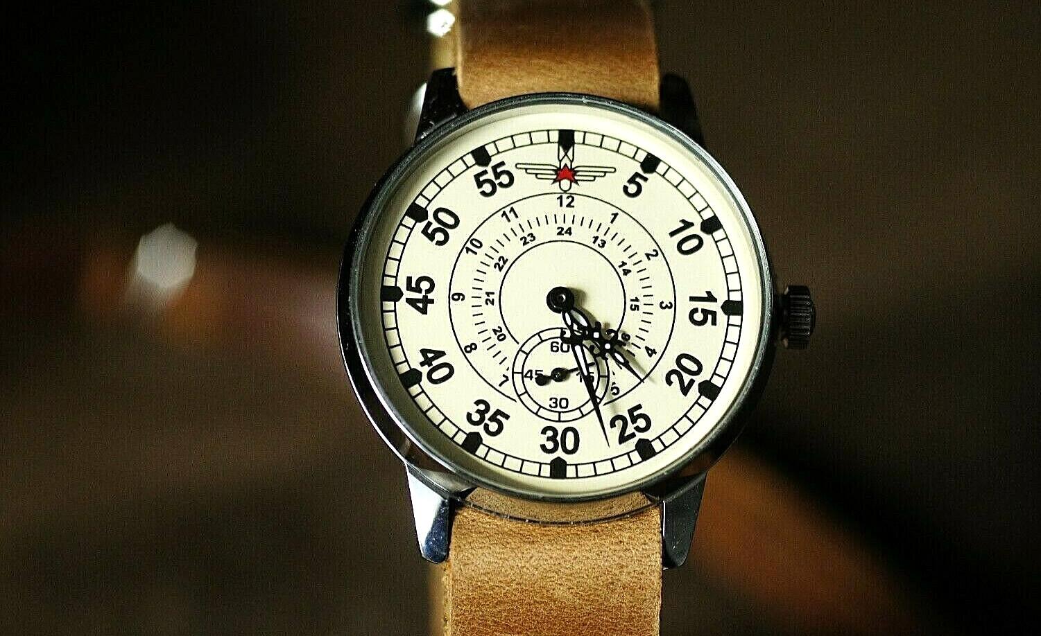 Pobeda Pilot Vintage Military Watch with Leather Strap