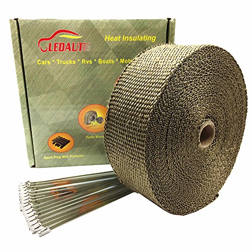 LEDAUT 2" x 50' Titanium Exhaust Heat Wrap Roll for Motorcycle Fiberglass Heat Shield Tape with Stainless Ties