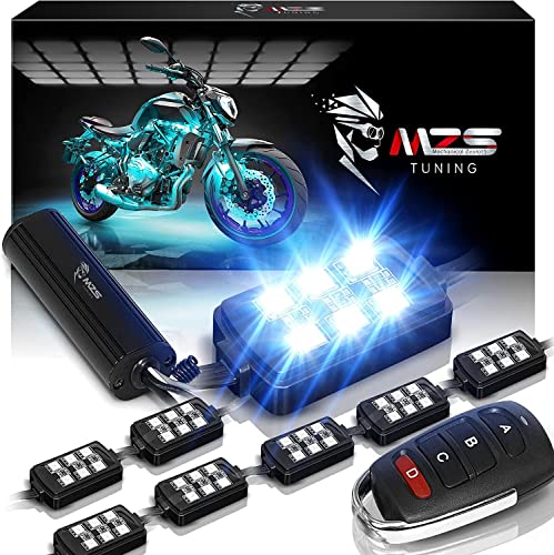 MZS Motorcycle LED Light Kit Multi-Color Neon RGB Strips, Wireless Smart Remote Controller -Compatible with ATVs UTVs Cruiser Trikes Golf Carts -Waterproof IP65 (Pack of 8)