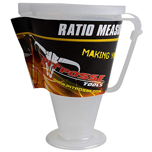 Pit Posse PP3240 Ratio Measuring Cup for Premix Oil & Engine Fluid Mixer Mixing 2 Stroke Cup with Lid - Utility Jug 16:1 To 70:1 CC and Oz Measuring Marks Debris Free Semi-Flexible Polyurethane