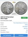 2025-W Burnished American Silver Eagle Coin PCGS SP69