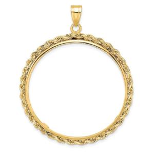 10k Yellow Gold Polished Rope 32.7mm Prong Coin Bezel Pendant - Fits 1 oz American Eagle, 1 oz Cat, and 1 oz Krugerrand