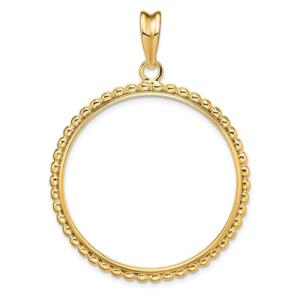 14k Yellow Gold 32.7mm Beaded Edge Prong Coin Bezel Pendant - Fits 1 oz American Eagle, 1 oz Cat, and 1 oz Krugerrand