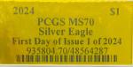 2024 $1 Silver Eagle PCGS MS70 Gold Foil
