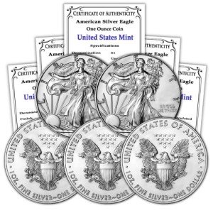 Lot of 5 American Silver Eagle Coins 1 oz