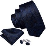 Navy Blue Paisley Silk Tie with Accessories