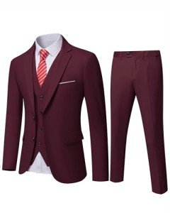 YND Men's Burgundy Slim Fit 3 Piece Suit Set
