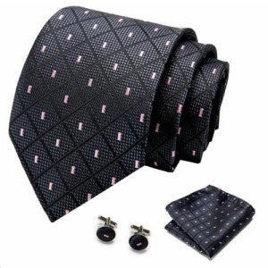 Men's Black Tie Set with Handkerchief & Cufflinks