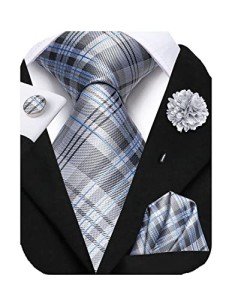 Men's Gray Silver Plaid Tie Set with Accessories