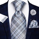 Men's Gray Silver Plaid Tie Set with Accessories