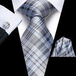 Men's Gray Silver Plaid Tie Set with Accessories