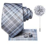 Men's Gray Silver Plaid Tie Set with Accessories