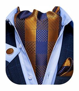 Men's Blue Gold Plaid Silk Cravat Tie Set