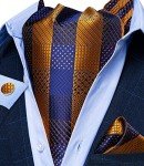 Men's Blue Gold Plaid Silk Cravat Tie Set
