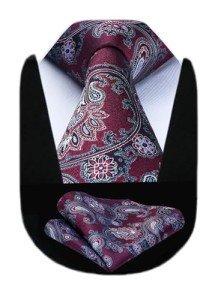 HISDERN Burgundy Paisley Tie and Pocket Square Set