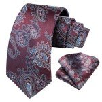 HISDERN Burgundy Paisley Tie and Pocket Square Set