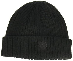 Timberland Men's Black Ribbed Beanie with Logo