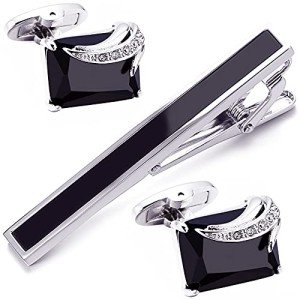 BXLE Men's Luxury Black Cufflinks and Tie Clip Set