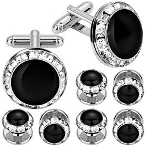 Stylish Black Enamel Crystal Cuff Links and Studs