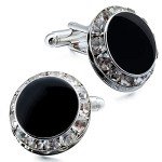 Stylish Black Enamel Crystal Cuff Links and Studs