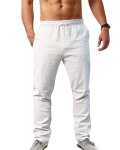 Men's Slim Fit White Linen Dress Pants