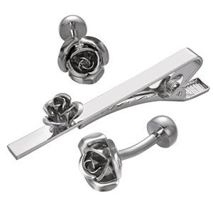 Silver Rose Cufflink and Tie Clip Set for Men