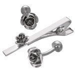 Silver Rose Cufflink and Tie Clip Set for Men