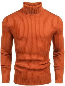 Amussiar Men's Orange Ribbed Turtleneck Pullover