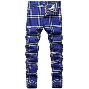 Men's Stretch Slim Fit Blue Plaid Chinos