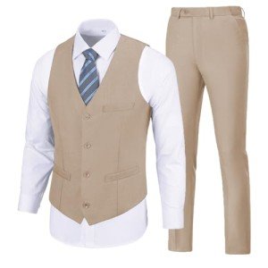 SISAVE Men's Khaki Slim Fit Suit Set