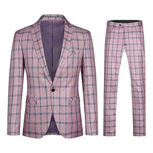 Men's Slim Fit Plaid Tuxedo Suit Set - Pink