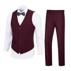 Men's Slim Fit Burgundy Suit Vest & Pants Set