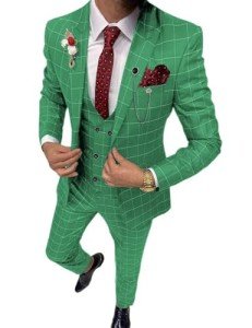 Slim Fit Green Plaid 3-Piece Suit for Men