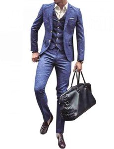 Pkrboro Men's Slim Fit Blue Plaid Three Piece Suit