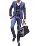 Pkrboro Men's Slim Fit Blue Plaid Three Piece Suit