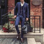 Pkrboro Men's Slim Fit Blue Plaid Three Piece Suit