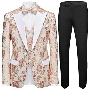 Slim Fit 3-Piece Floral Tuxedo Suit Set - Pink