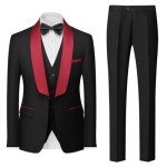 Men's 3-Piece Formal Wedding Suit Set, Black Red