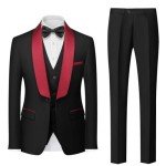 Men's 3-Piece Formal Wedding Suit Set, Black Red