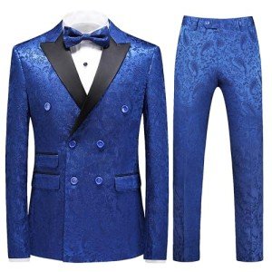 Men's Floral Double Breasted Tuxedo Suit - Blue