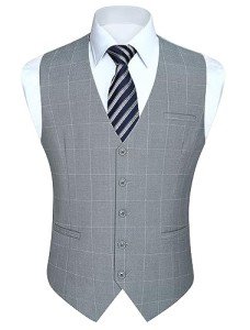 HISDERN Men's Slim Fit Plaid Suit Vest