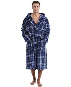 Men's Hooded Plush Fleece Plaid Bathrobe