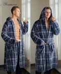 Men's Hooded Plush Fleece Plaid Bathrobe